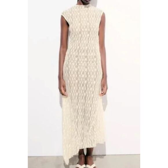 Zara Long Asymmetric Lace Dress Ivory 4813/303 Size S - Picture 4 of 12